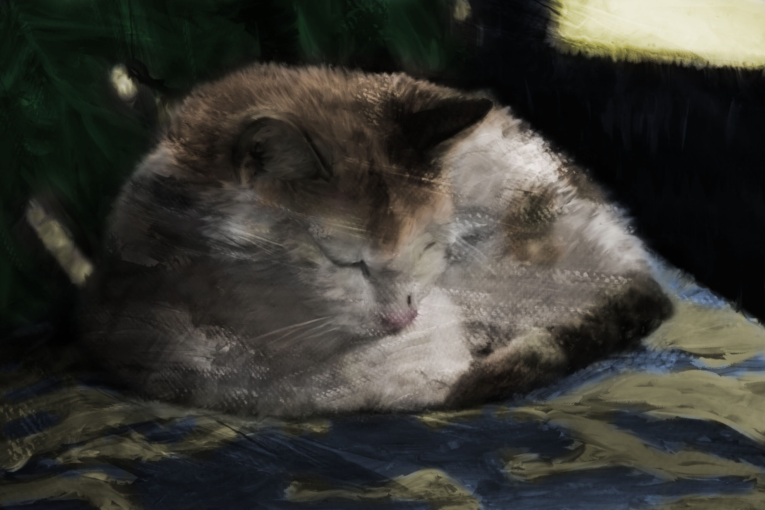 An impressionistic digital painting of a white and orange cat