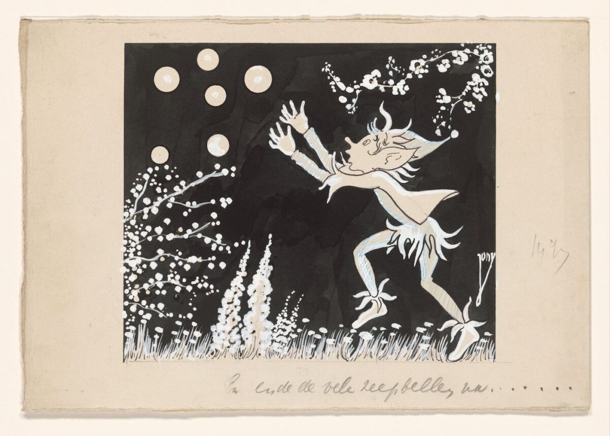 A ink drawing of a little elf chasing soap bubbles across a meadow. The elf wears a fringed costume. The bushes and trees of the meadow are flowering as though it is springtime.