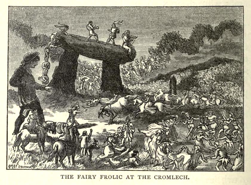 A woodcut or print captioned "The Fairy Frolic at Cromlech". A young man in period clothes looks on in amazement as a huge gathering of tiny people engage in dancing, horse-racing, and fist-fighting, some of them atop a standing stone structure.