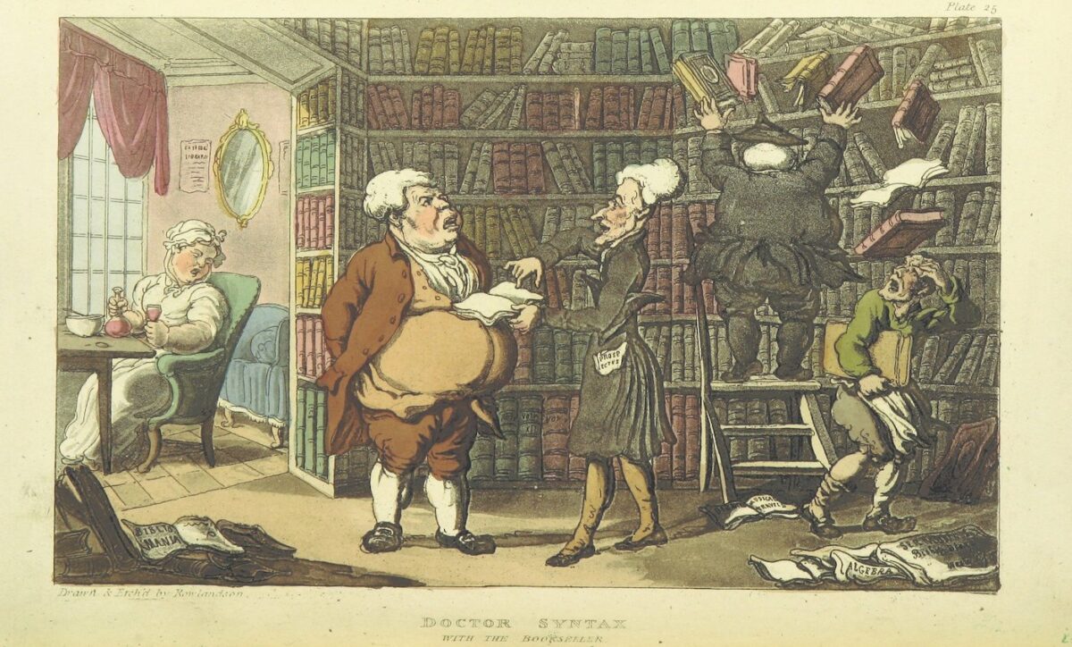 A cartoon from the 1700s showing several humorously grotesque figures wreaking havoc at a bookshop. The caption reads "Doctor Syntax at the Bookshop".