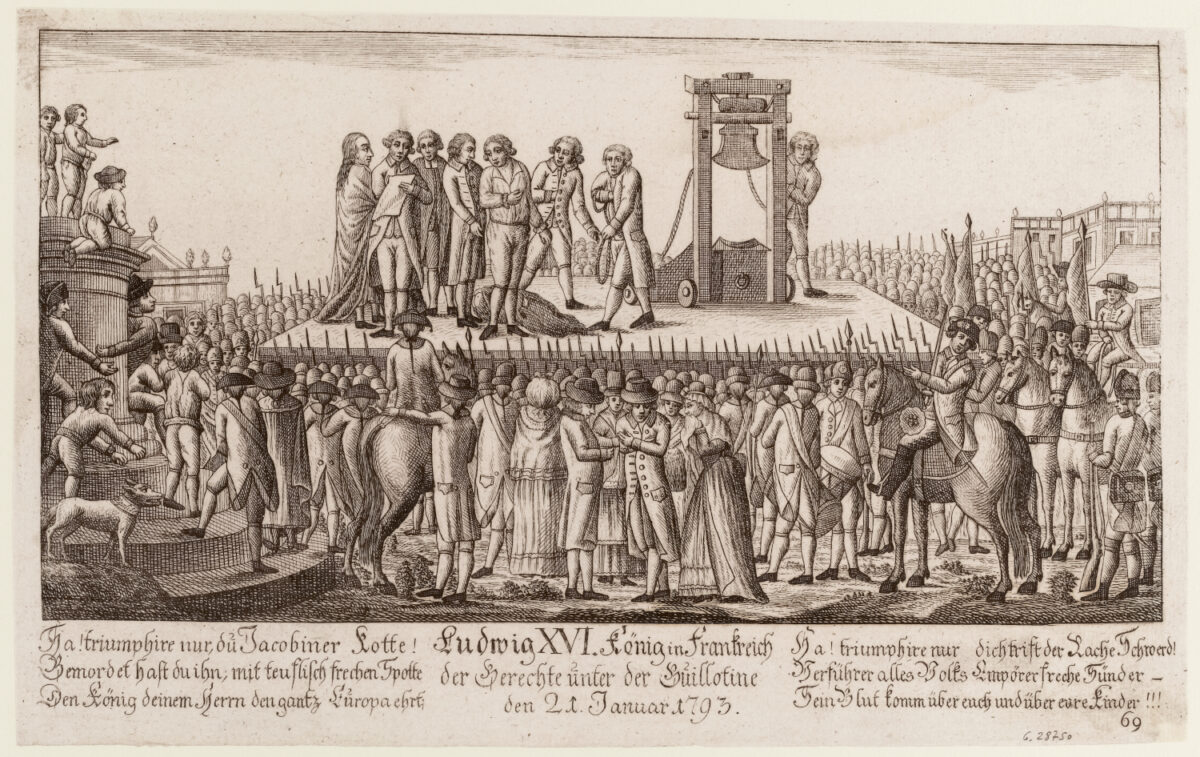 A black and white print of the execution of Louis XVI. A large crowd of people of all ages, many of them armed gather around a platform. On the platform is a guillotine and a dead body, surrounded by a group of men.