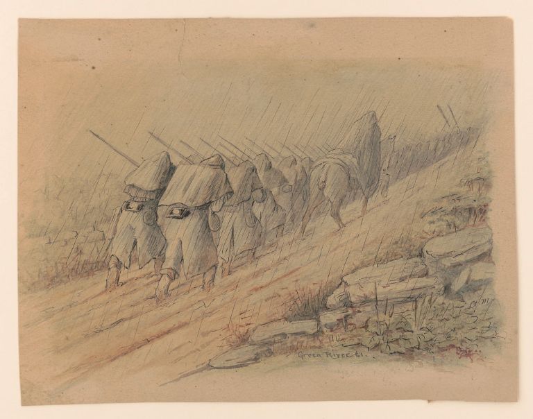 A sketch of a long line of soldiers marching morosely through the rain. They march along a muddy track between two empty fields.